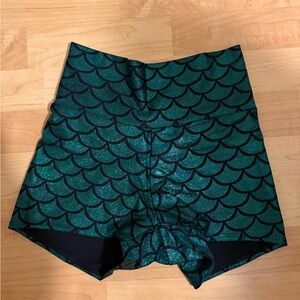 Green Fish tail/mermaid print yoga shorts, spandex